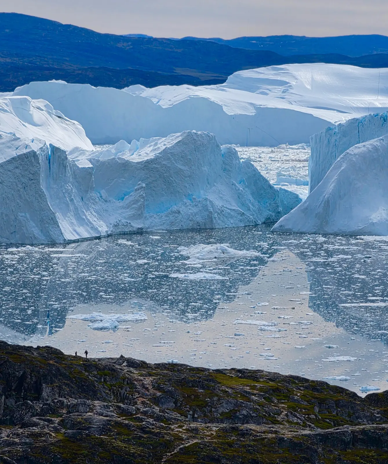 Massive blue-white ice formations filling a polar bay.