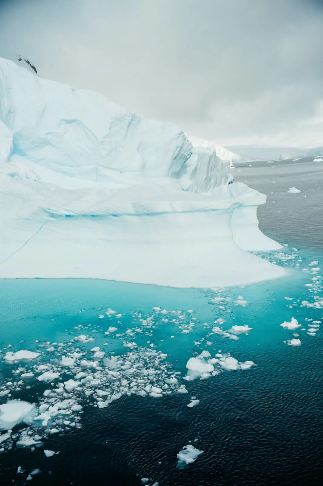 Turquoise iceberg rising from dark polar water.