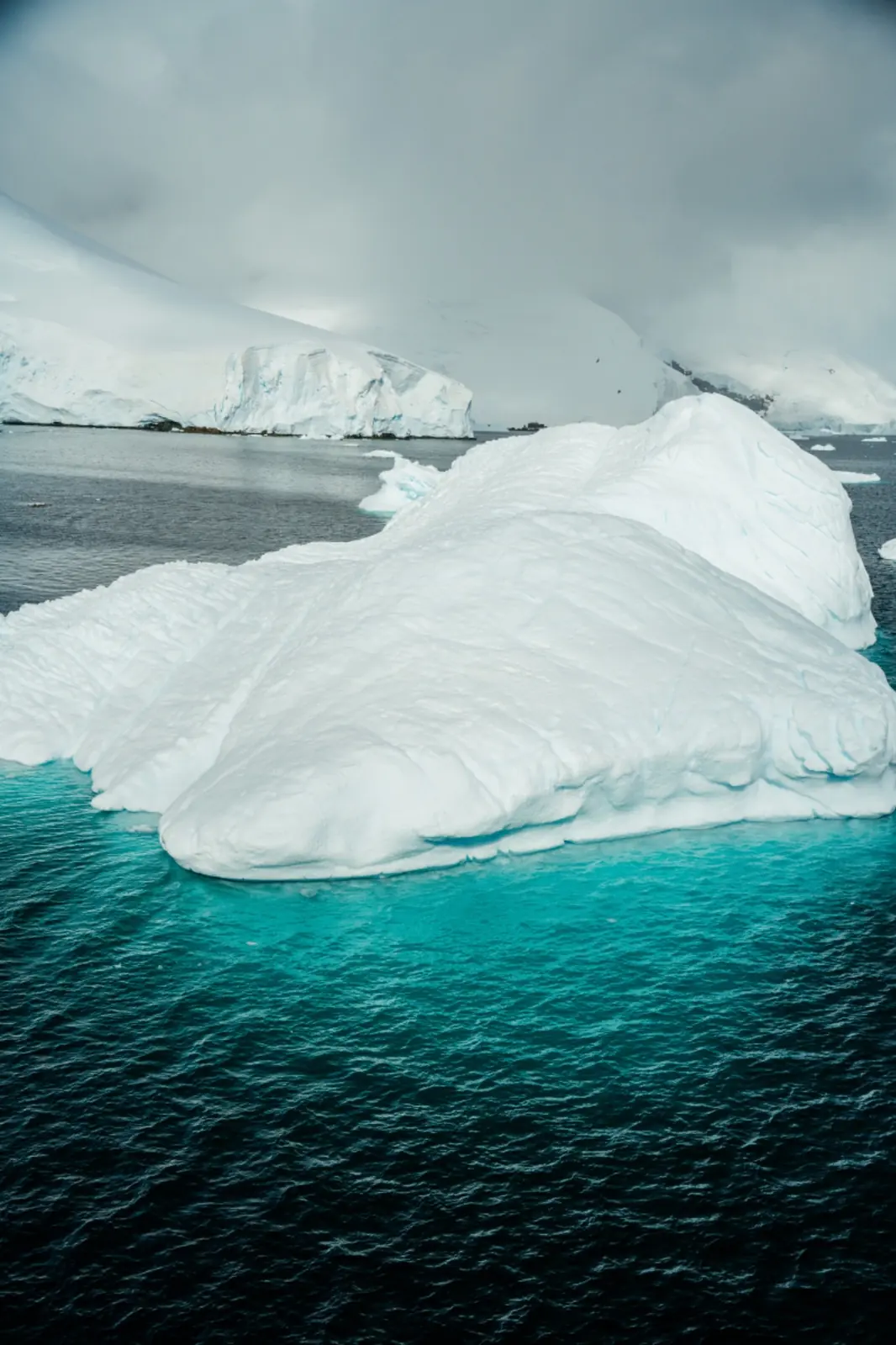 Bright iceberg floating above clear turquoise polar water.