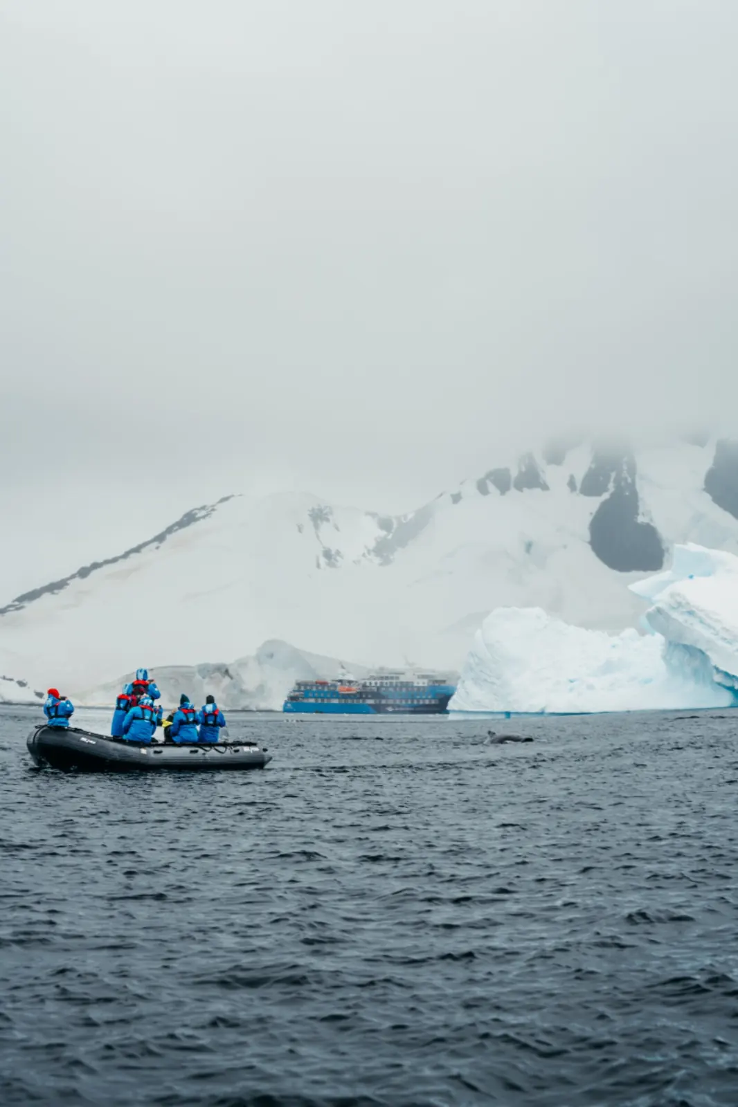 Zodiac travellers approaching an expedition ship among icebergs.