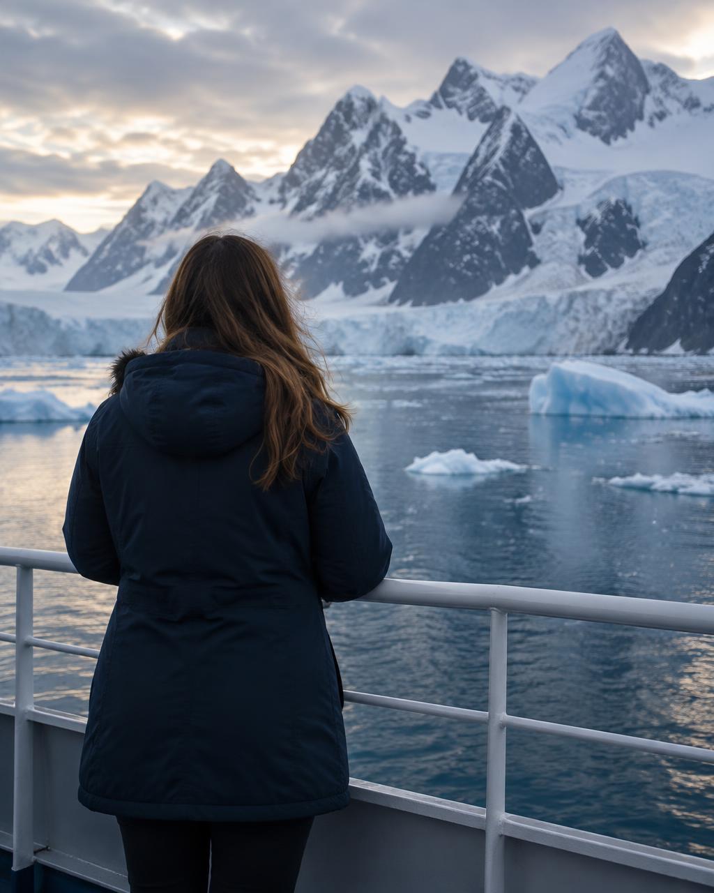 A woman traveller on an expedition ship deck looking out towards a remote glacier bay