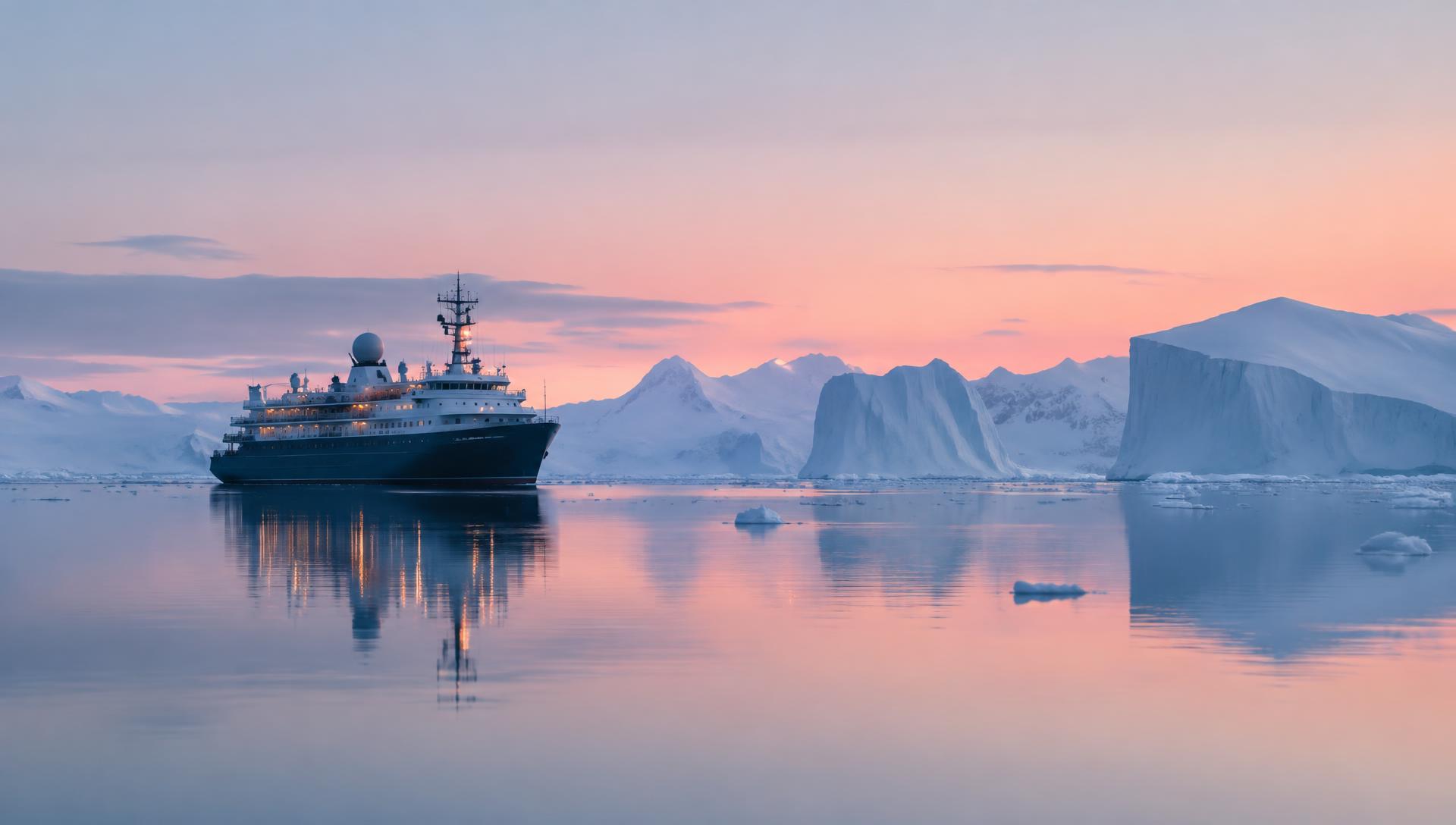 An expedition ship on a mirror-calm polar sea at dawn beside distant icebergs