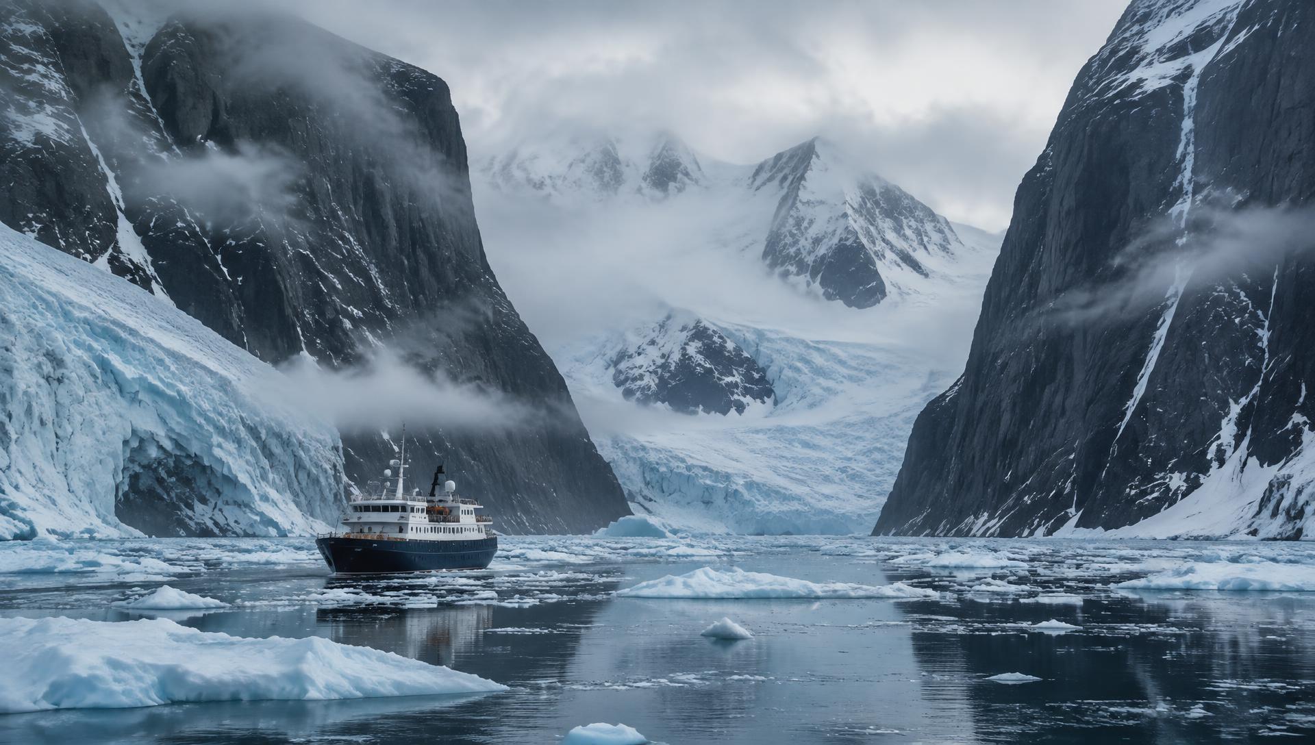 An expedition ship moving through a remote polar fjord