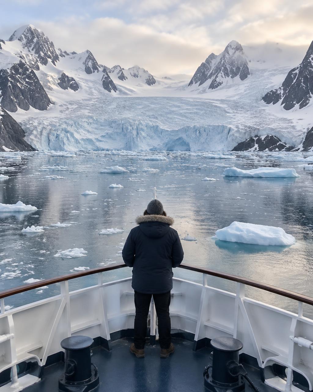 A traveller on the bow of an expedition ship looking towards a glacier bay